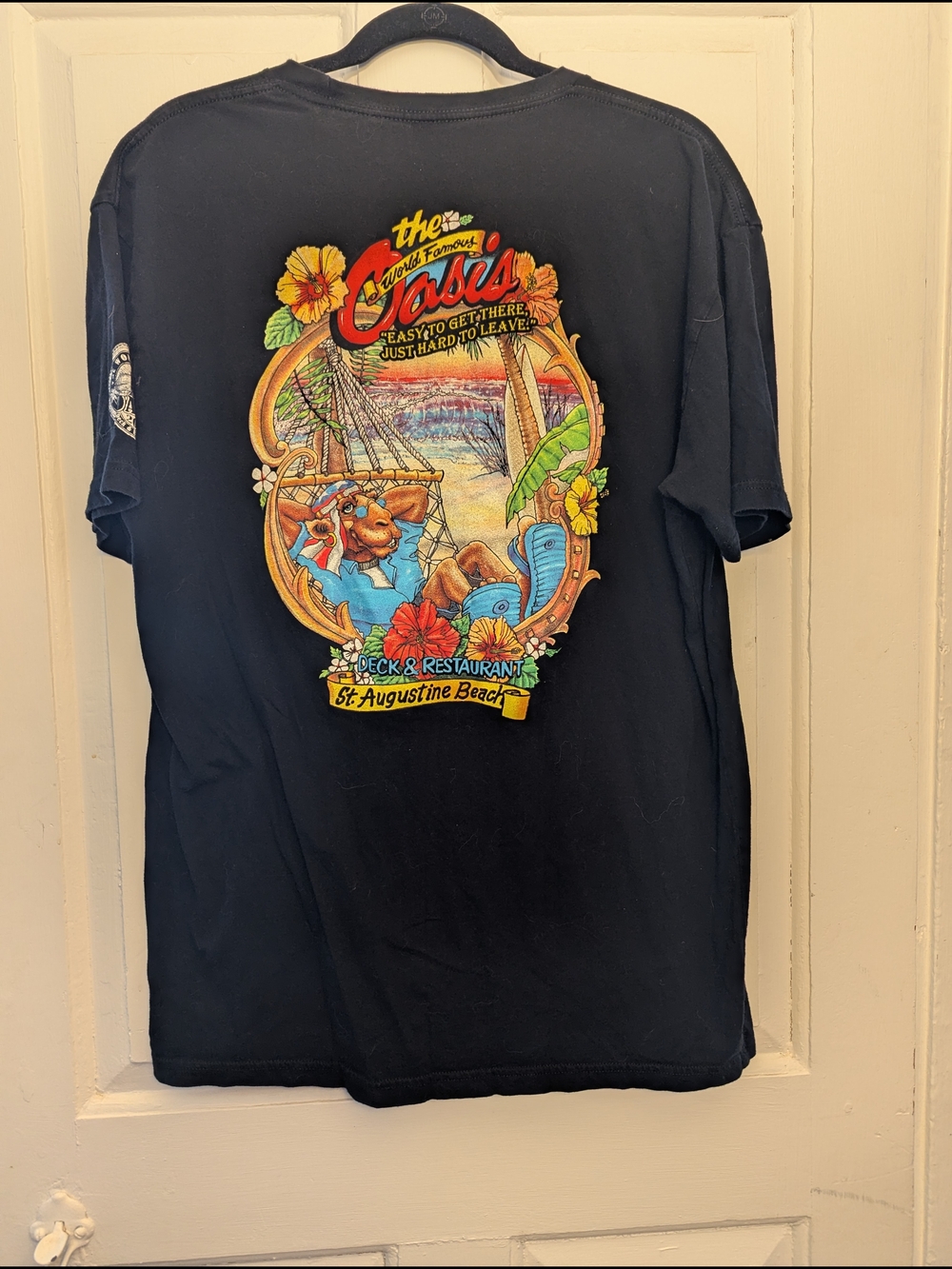 Oasis Black Short Sleeve Tee with Colorful Beach Graphic